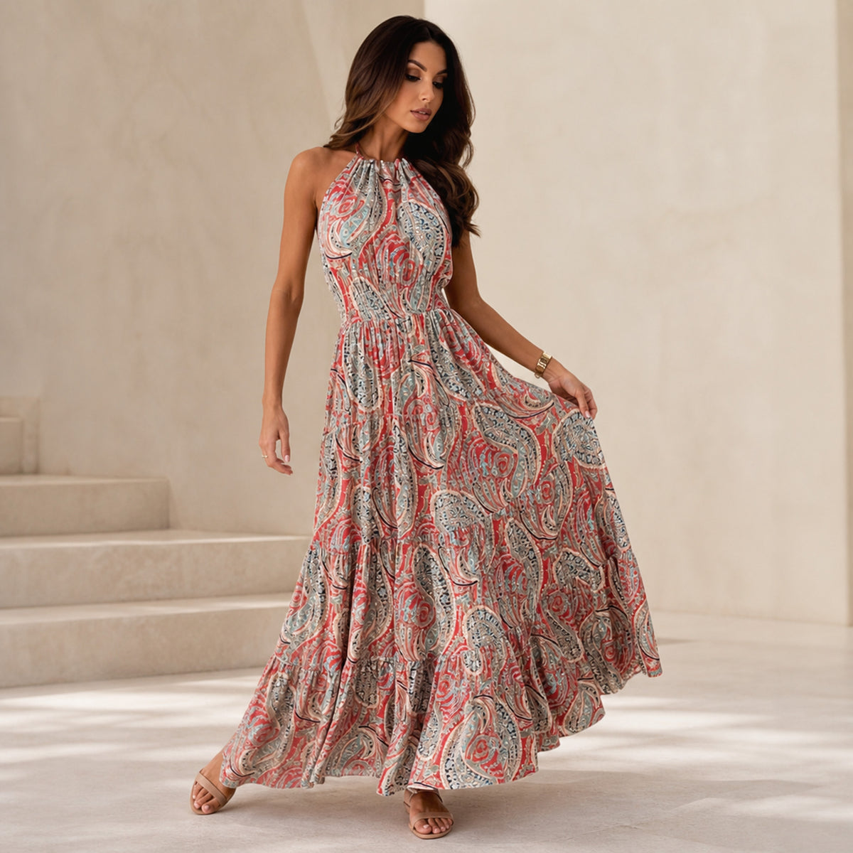 Rosalind Paisley Tiered Maxi, worn in movement showing the tiered skirt