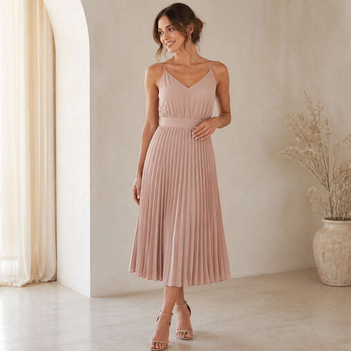 Anais Pleated Midi in pink, three-quarter view