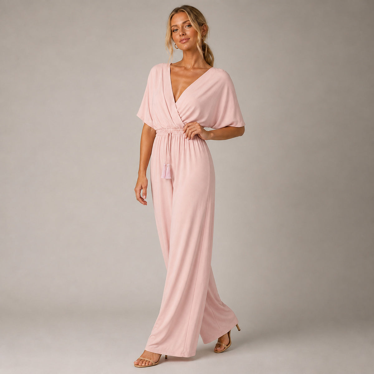 Delphi Wide-Leg Jumpsuit in pink, three-quarter view