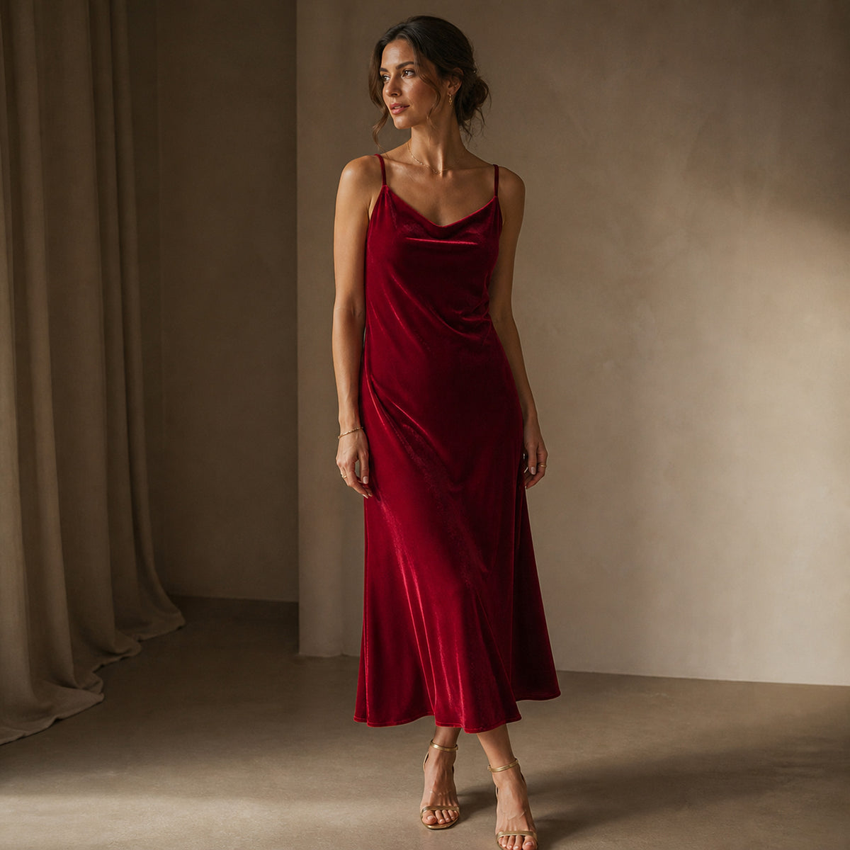 Margot Velvet Slip Midi in red, three-quarter view