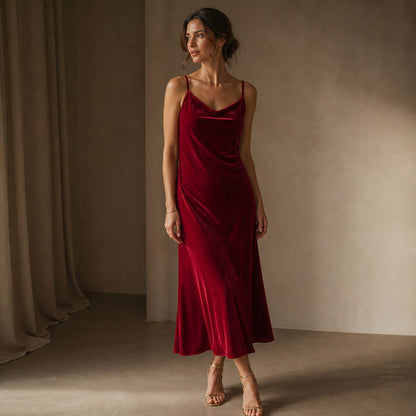 Margot Velvet Slip Midi in red, three-quarter view