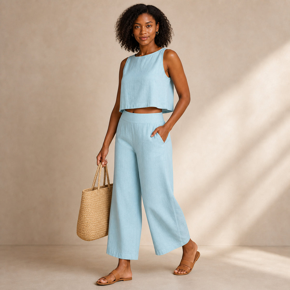 Margot Linen Two-Piece in sky blue, three-quarter view