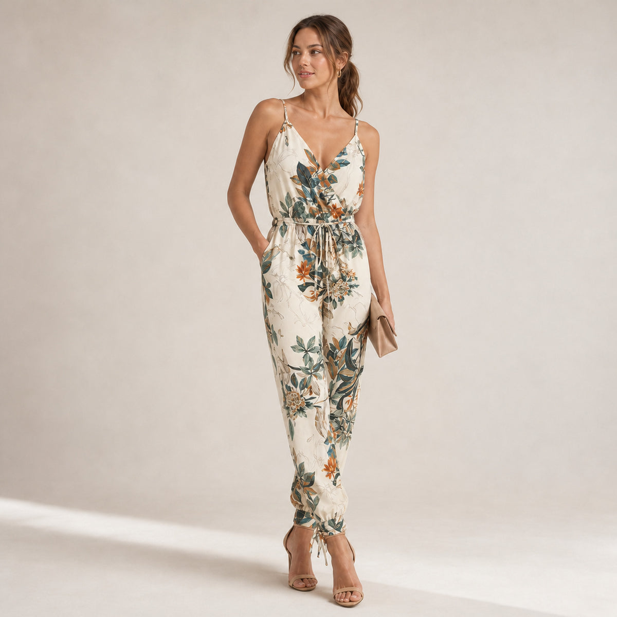 Romy Wrap Jumpsuit in white print, three-quarter view