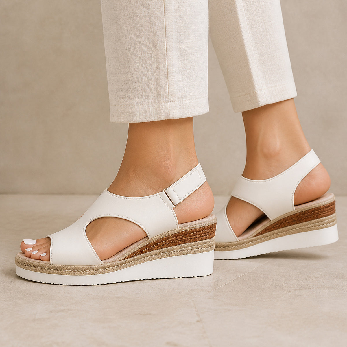 Ivy Espadrille Wedge Sandals in white, side profile showing the jute wedge