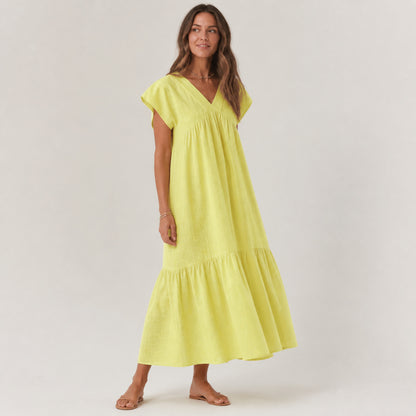 Willow Tiered Sundress in yellow, three-quarter view