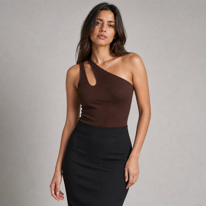 Nova One-Shoulder Bodysuit in brown, tucked into trousers