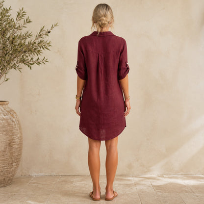Immy Linen Shirt Dress in burgundy, back view