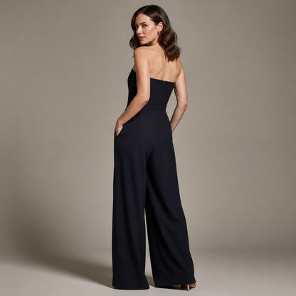Sloane Strapless Jumpsuit in dark blue, back view