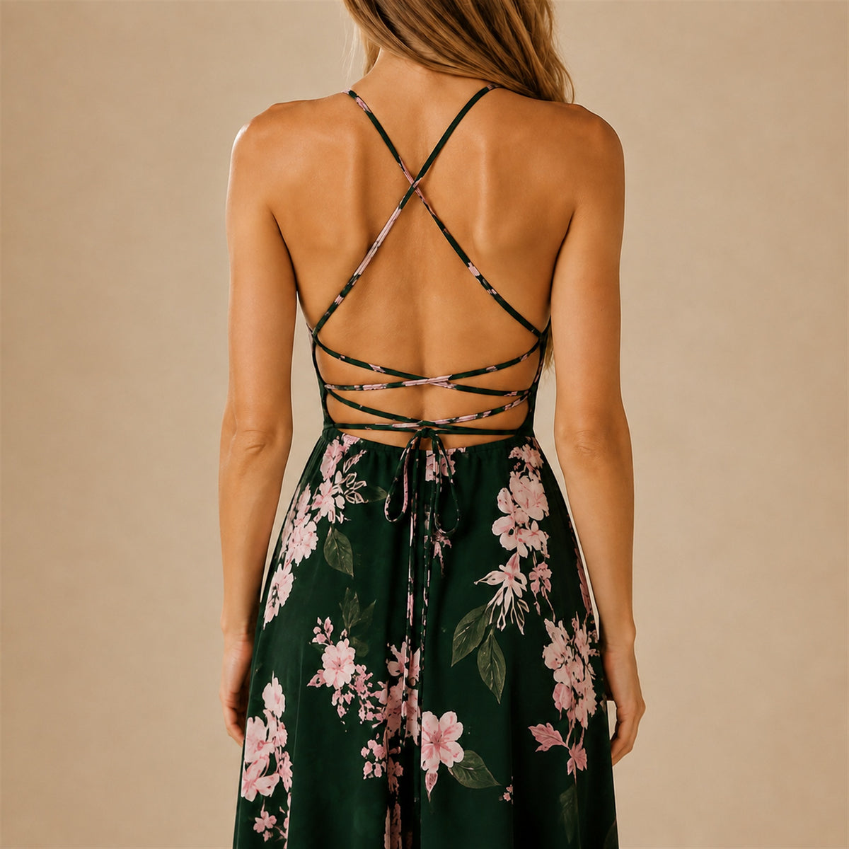 Close-up of the crossed straps and back tie on the Marisa Floral Split Maxi