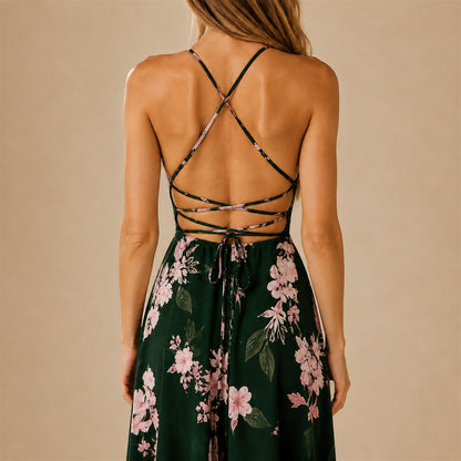Close-up of the crossed straps and back tie on the Marisa Floral Split Maxi