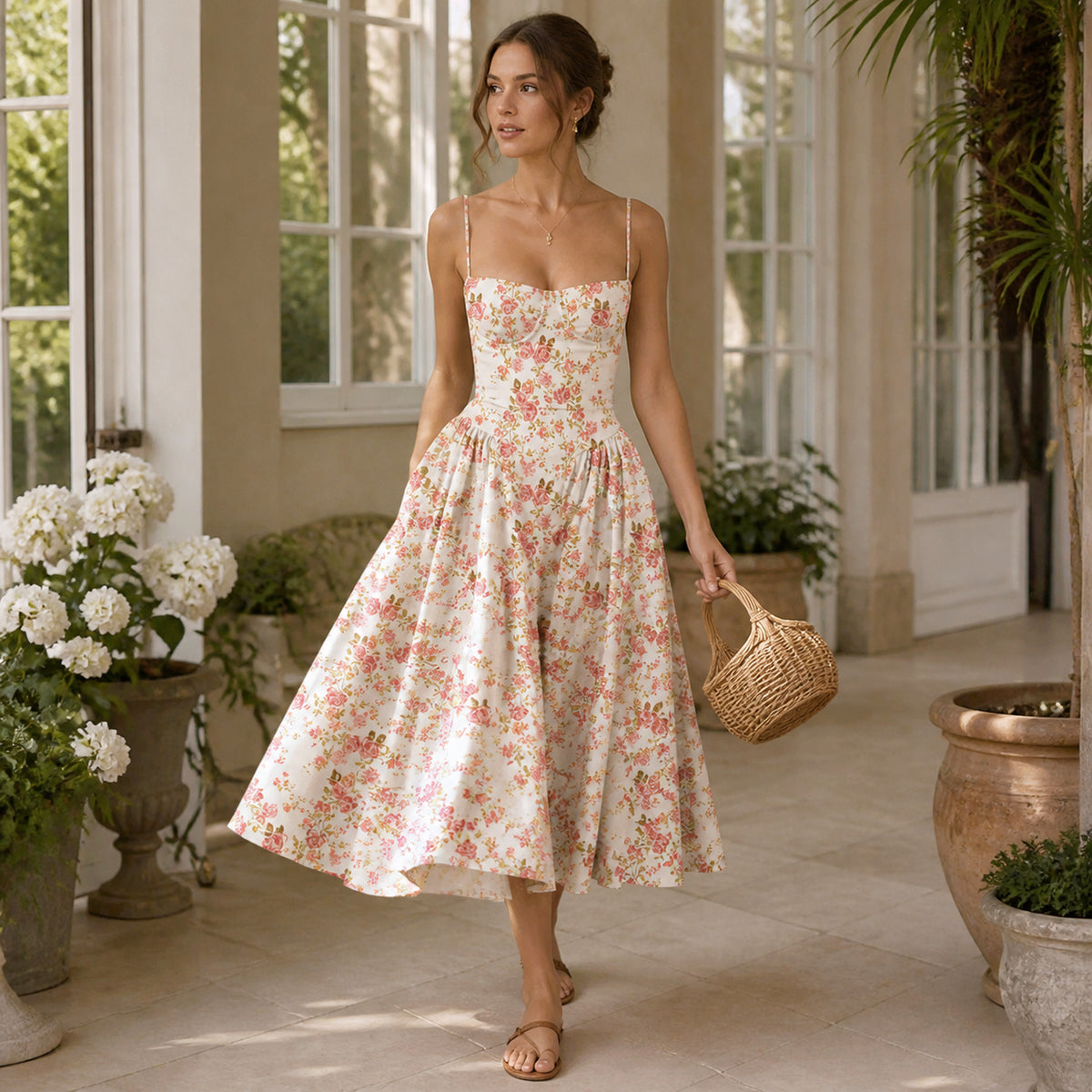 Colette Corset Midi in red floral, worn in movement showing the full skirt