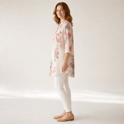Marnie Floral Linen Shirt in red floral, side view showing the long-line length