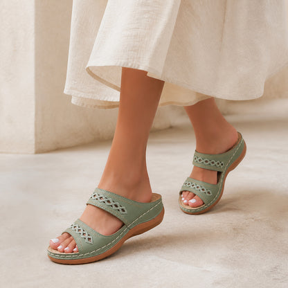 Odette Open-Toe Sandals in green, worn walking