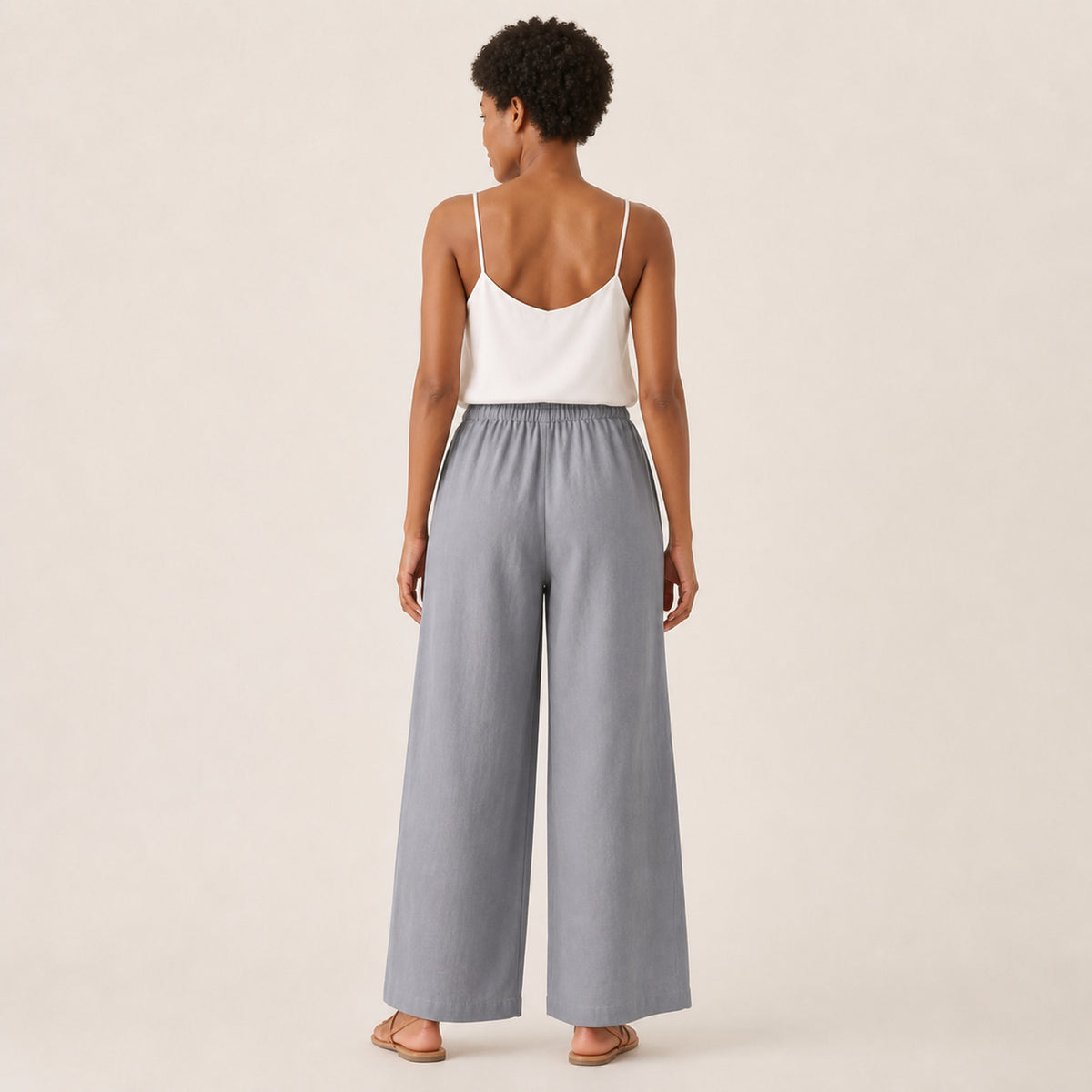 Remy Linen Wide-Leg Trousers in grey, back view