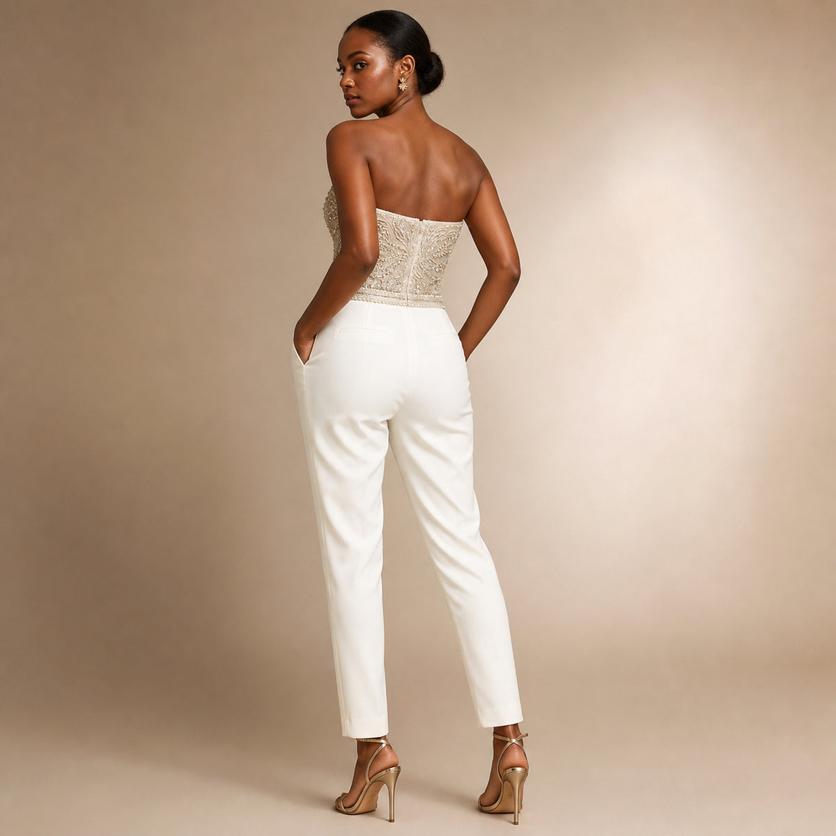 Solene Sequin Jumpsuit in ivory, back view