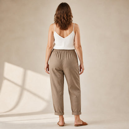 Sadie Linen Trousers in khaki, back view