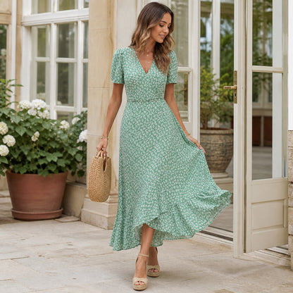 Bettina Floral Wrap Maxi in light green floral, worn in movement