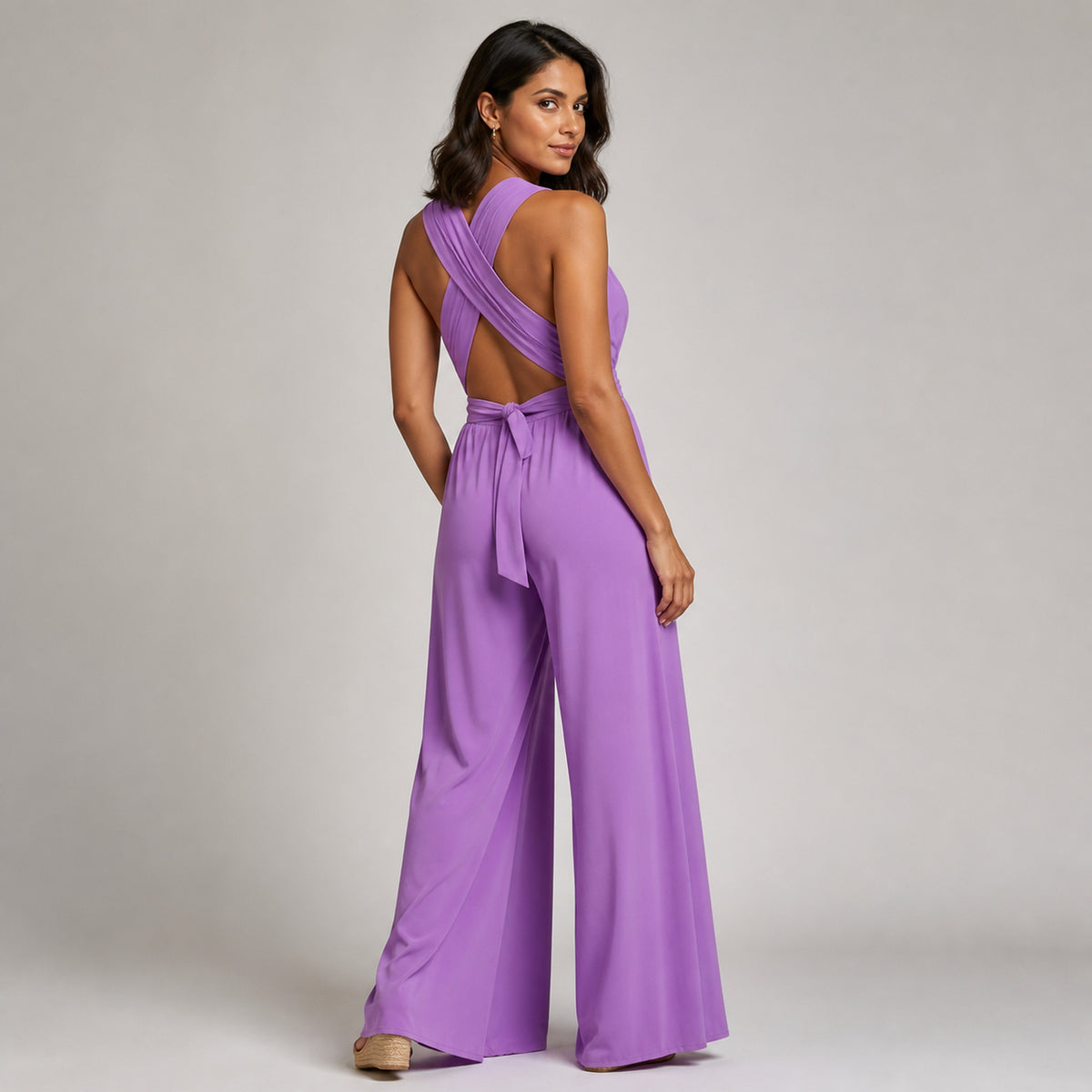 Iris V-Neck Jumpsuit in purple, cross-back detail