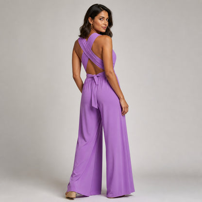 Iris V-Neck Jumpsuit in purple, cross-back detail
