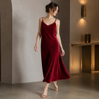 Margot Velvet Slip Midi in red, worn in movement