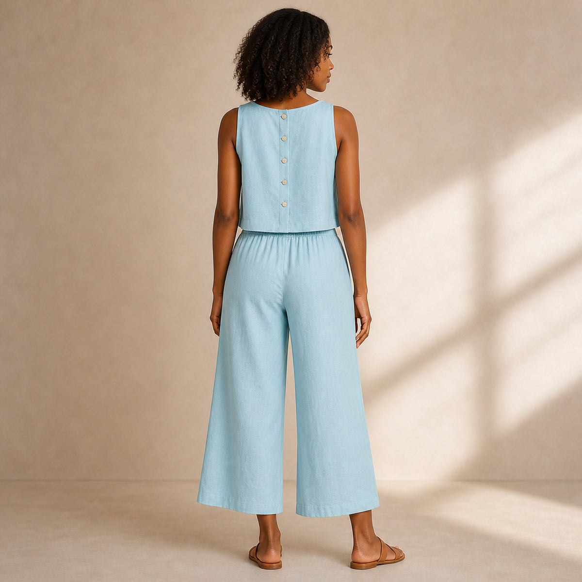 Margot Linen Two-Piece in sky blue, back view