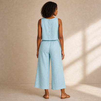 Margot Linen Two-Piece in sky blue, back view
