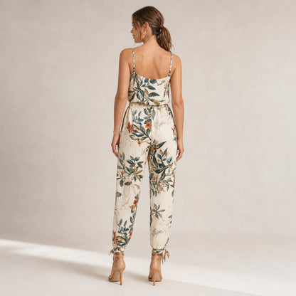Romy Wrap Jumpsuit in white print, back view