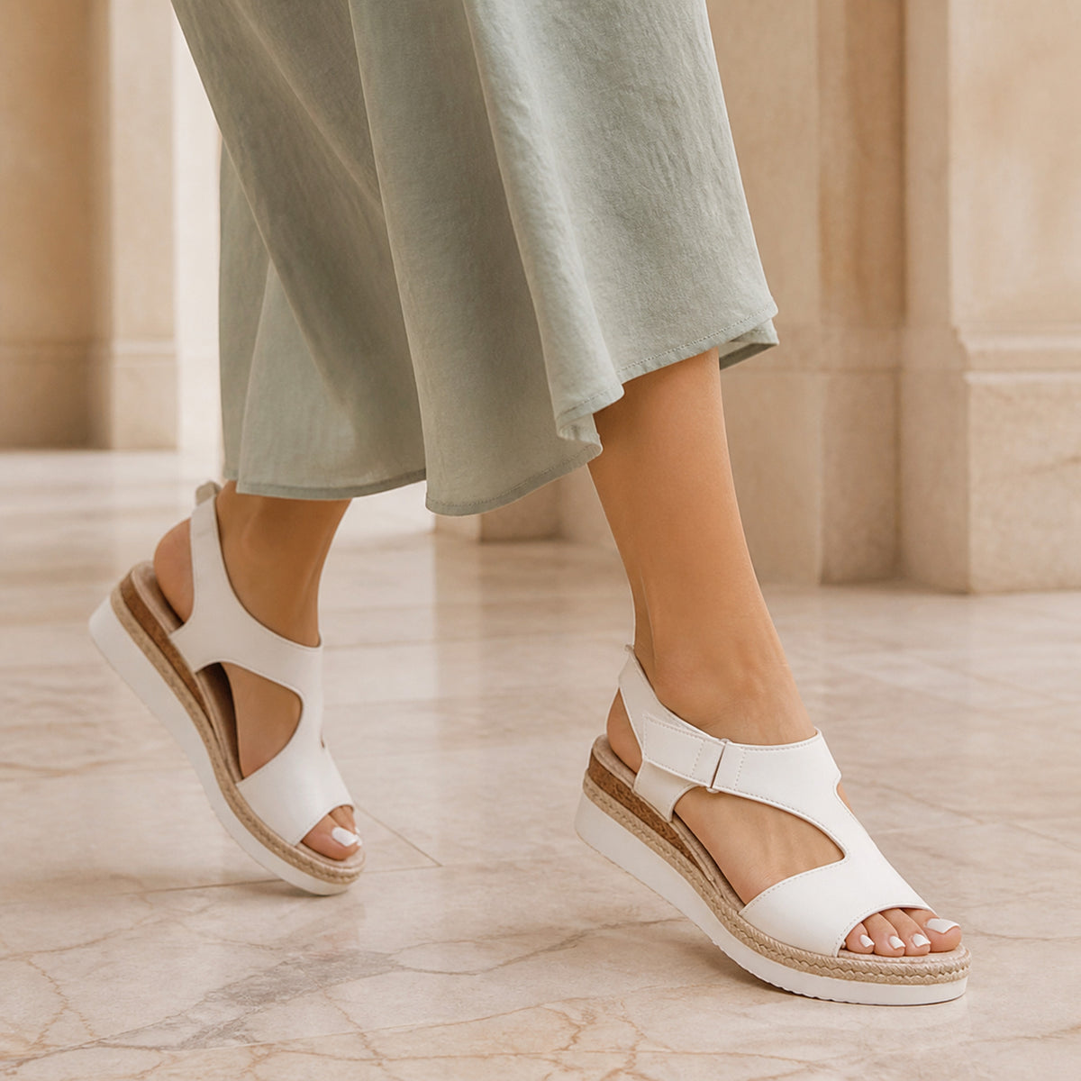 Ivy Espadrille Wedge Sandals in white, worn walking