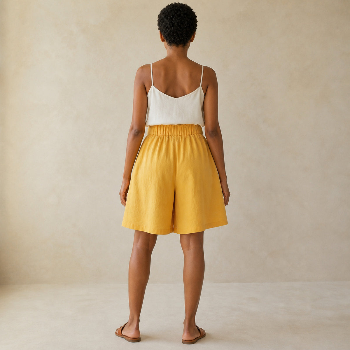 Wren Wide-Leg Shorts in yellow, back view