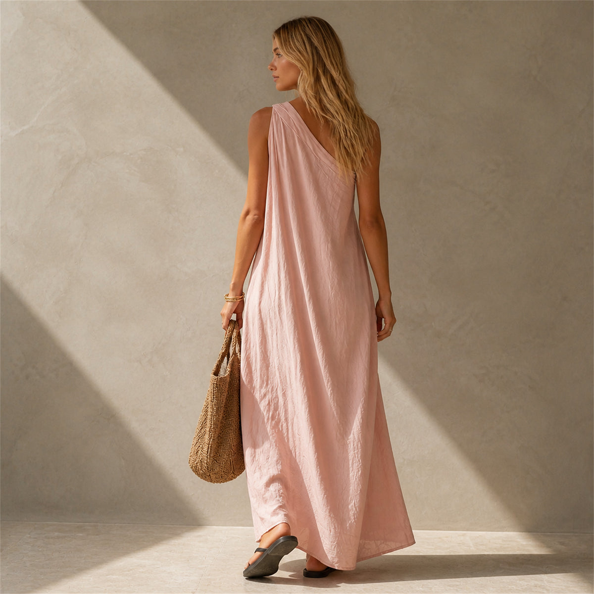 Fleur One-Shoulder Linen Maxi in pink, back view