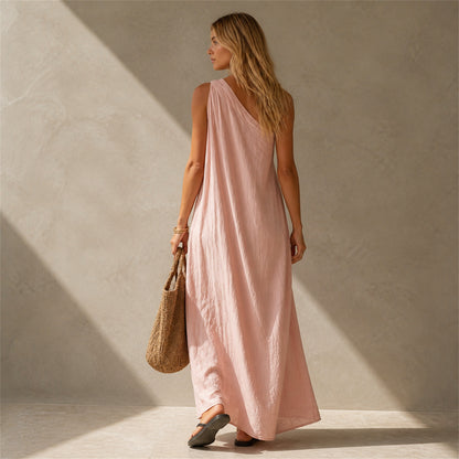 Fleur One-Shoulder Linen Maxi in pink, back view