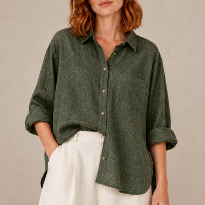 Close-up of the pocket and split hem on the Isla Linen Shirt