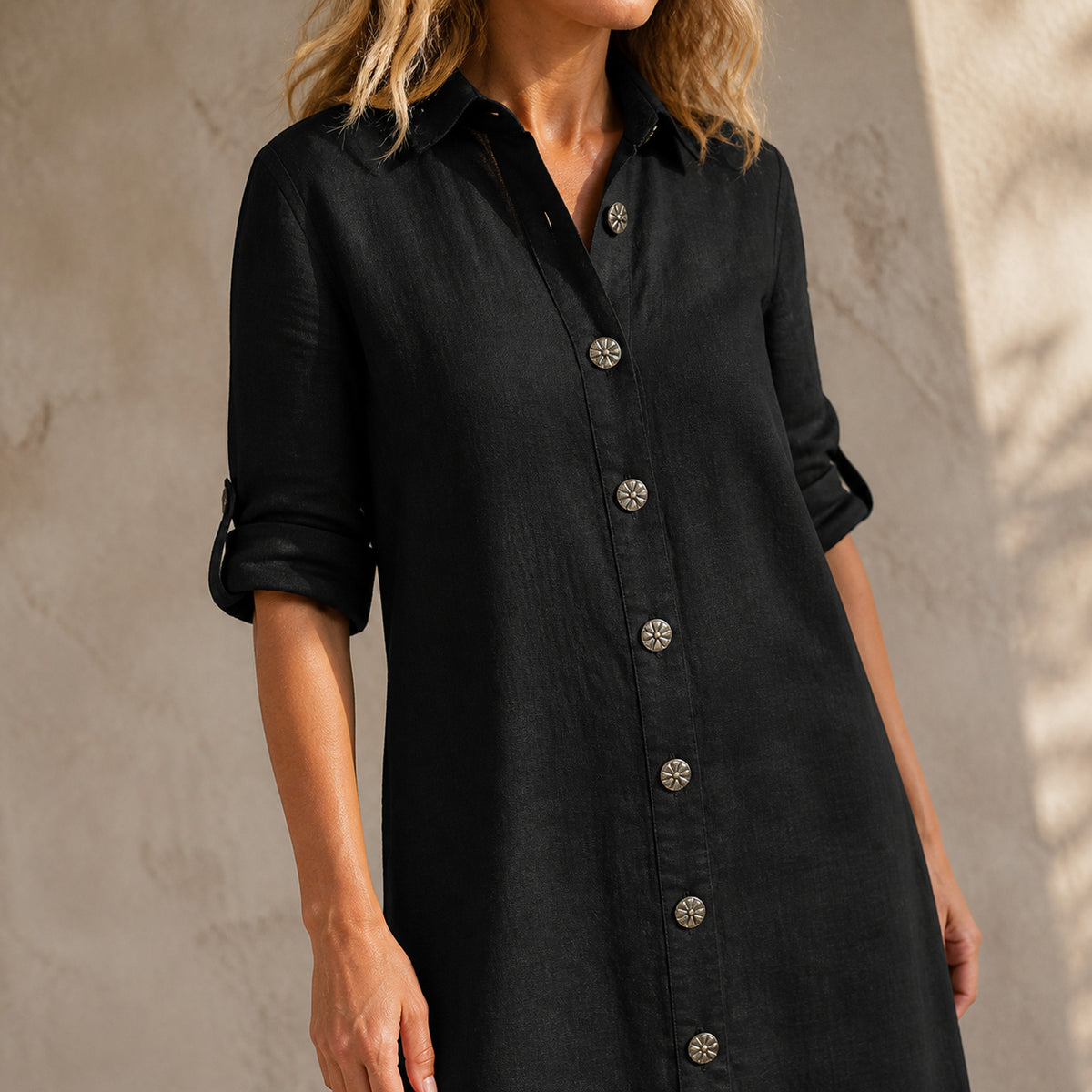 Close-up of the round buttons on the Harriet Linen Shirt Midi