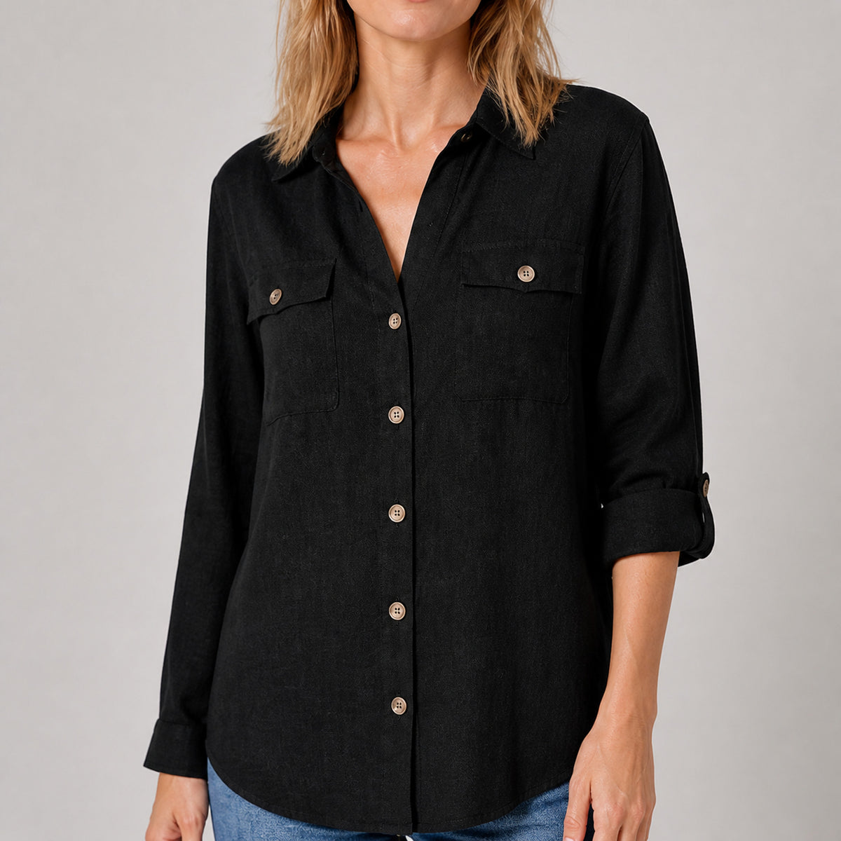Close-up of the notched collar and flap pocket on the Elle shirt