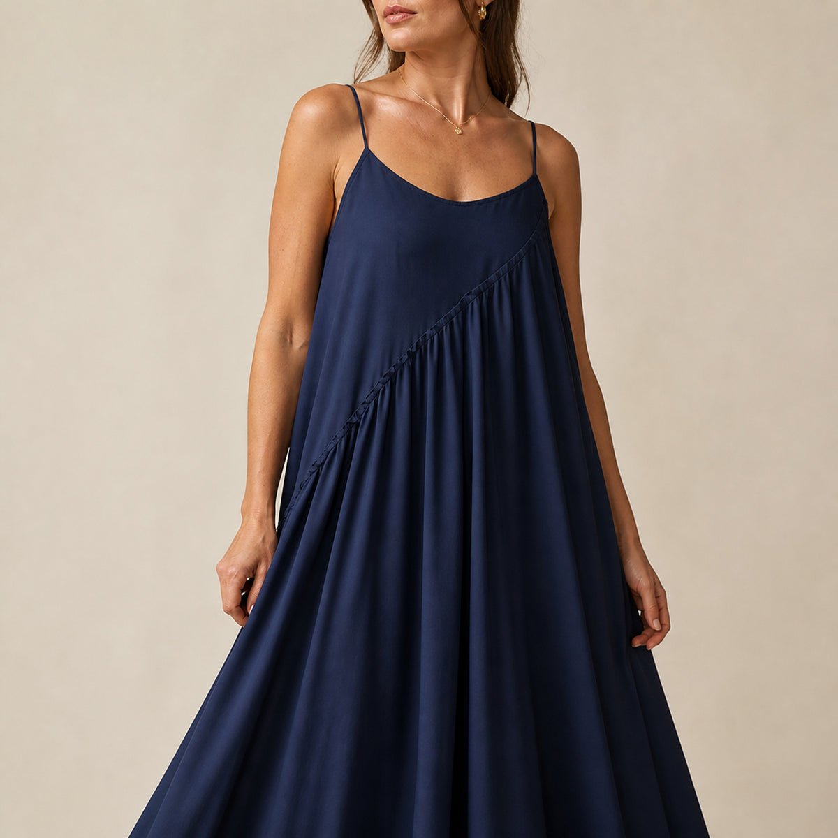 Close-up of the neckline and seams on the Juno Trapeze Maxi