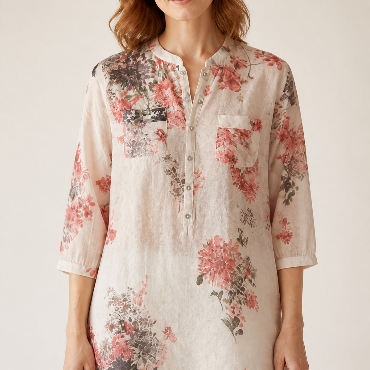 Close-up of the collar and pocket on the Marnie Floral Linen Shirt
