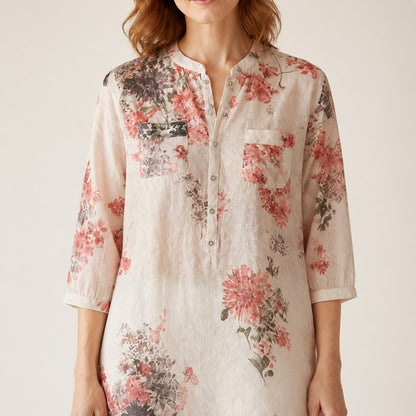 Close-up of the collar and pocket on the Marnie Floral Linen Shirt