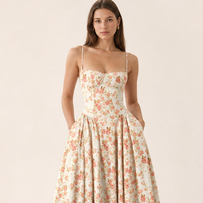 Close-up of the boned corset bodice on the Colette midi dress