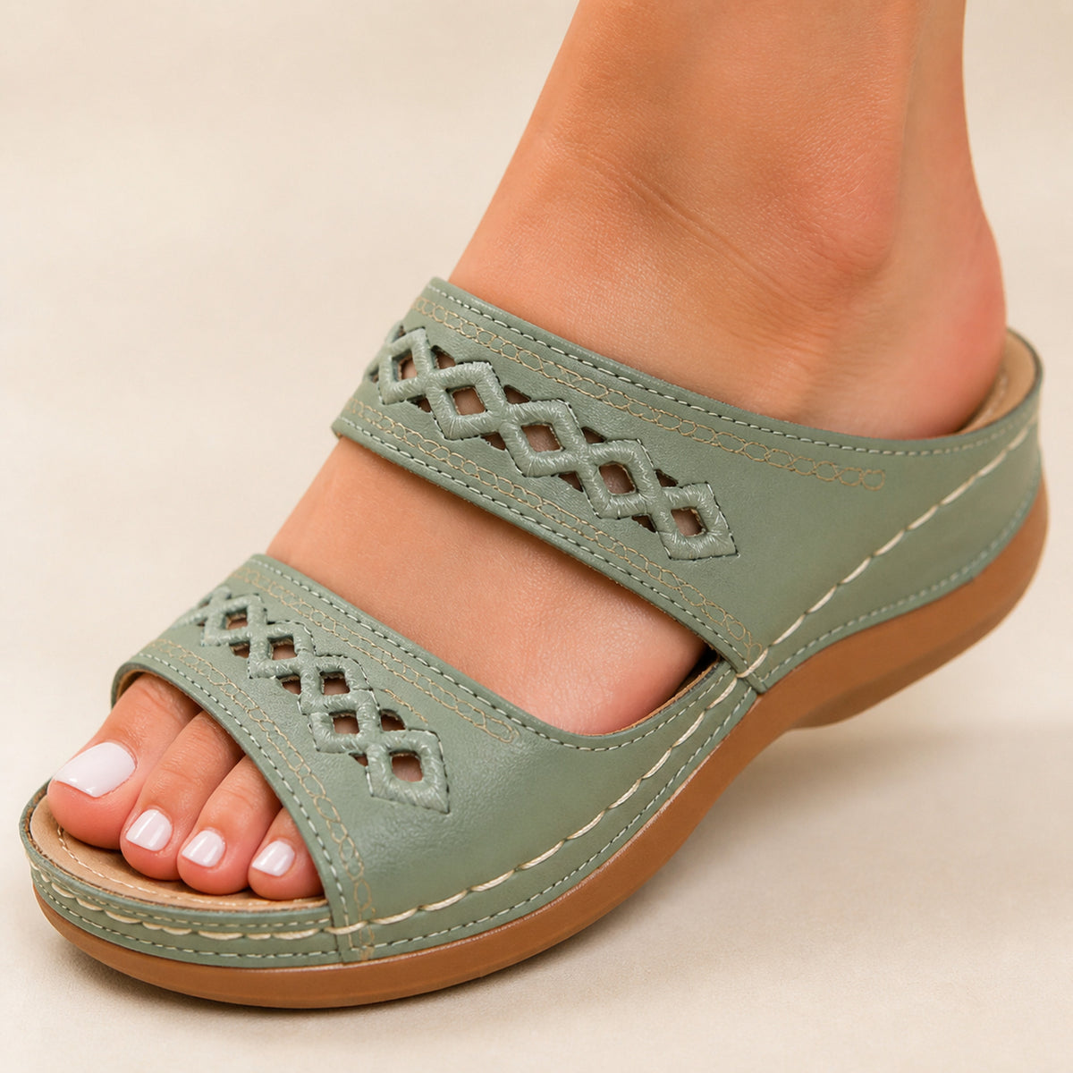 Close-up of the strap and sole on the Odette sandal