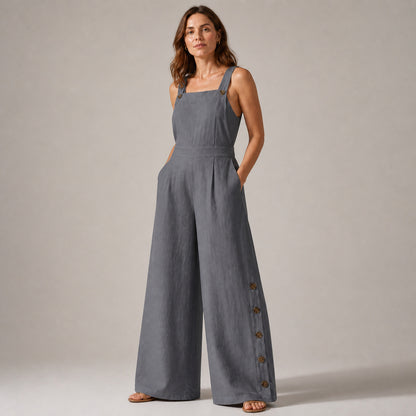 Close-up of the bib front and side buttons on the Frankie jumpsuit