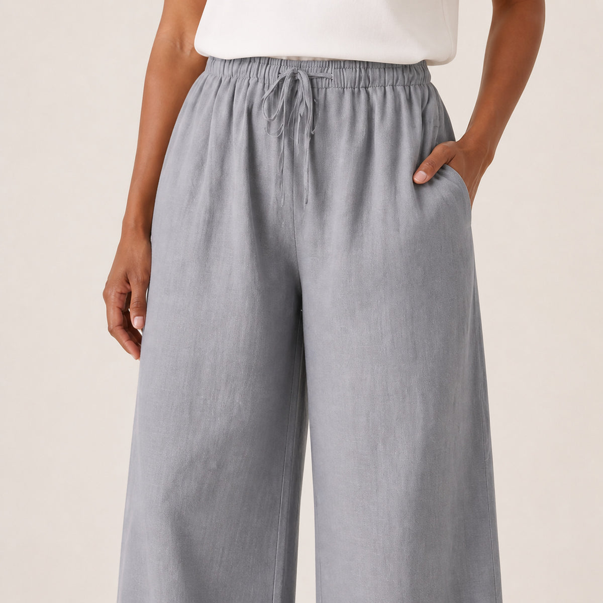 Close-up of the drawstring waist and pocket on the Remy trousers