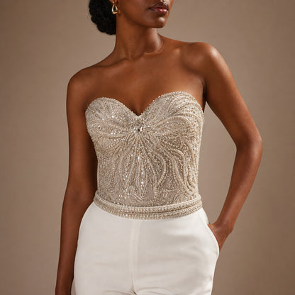 Close-up of the beaded bustier bodice on the Solene jumpsuit