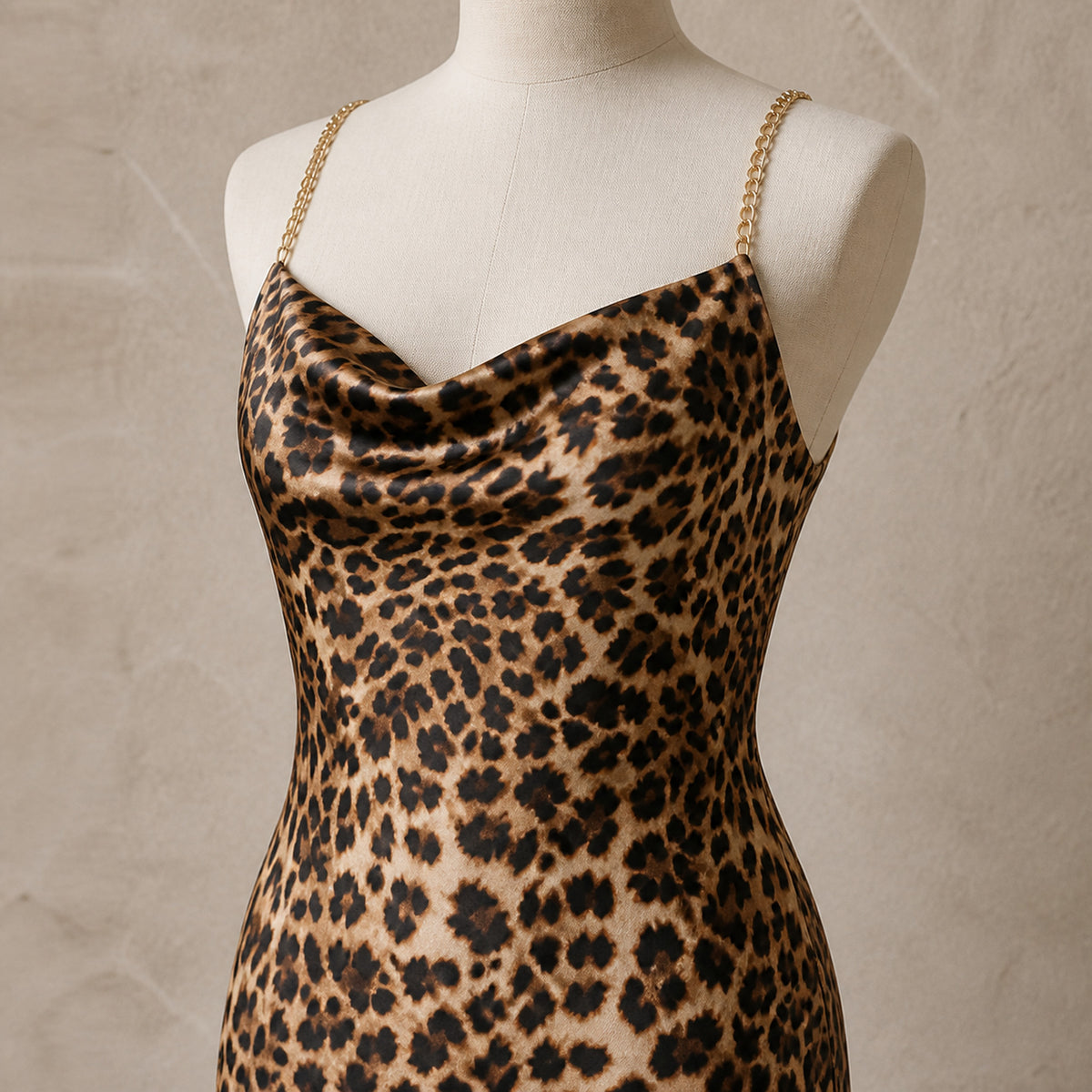Close-up of the cowl neckline and chain strap on the Vivienne maxi