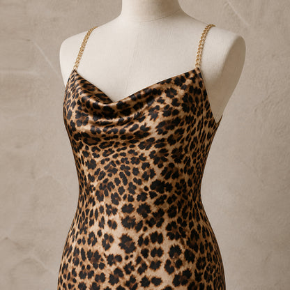 Close-up of the cowl neckline and chain strap on the Vivienne maxi
