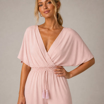 Close-up of the wrap waist on the Delphi Wide-Leg Jumpsuit