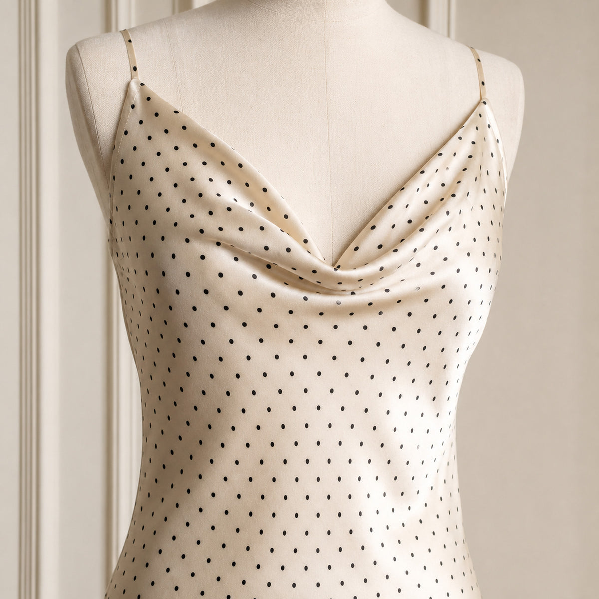 Close-up of the cowl neckline on the Delphine Polka Dot Maxi