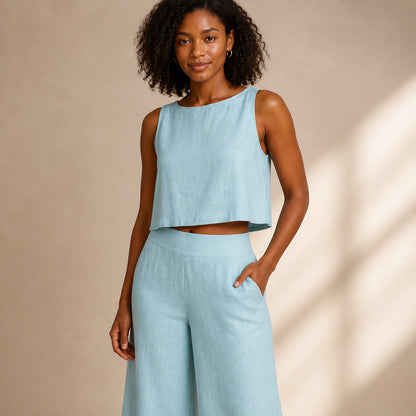Close-up of the button placket and waist on the Margot two-piece