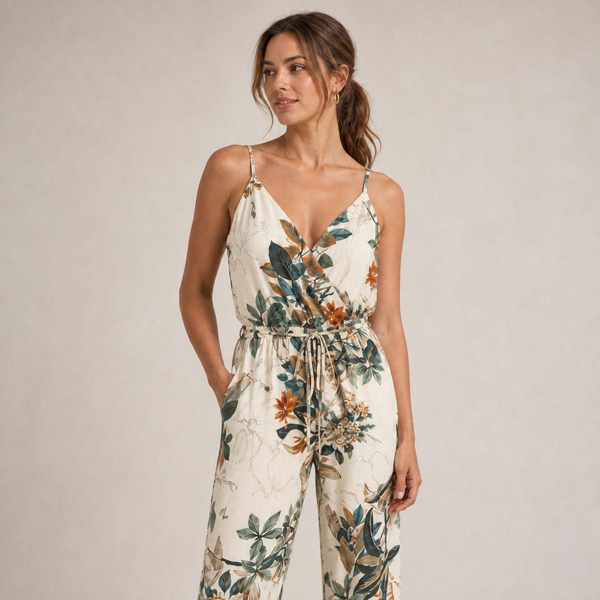 Close-up of the printed fabric on the Romy Wrap Jumpsuit