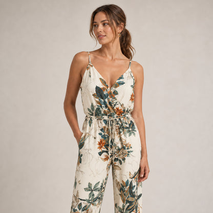 Close-up of the printed fabric on the Romy Wrap Jumpsuit