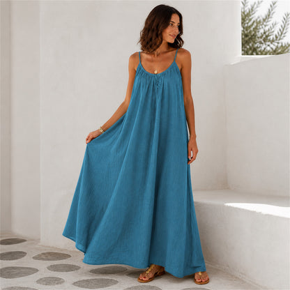 Close-up of the halter neckline on the Ophelia Linen Maxi in blue